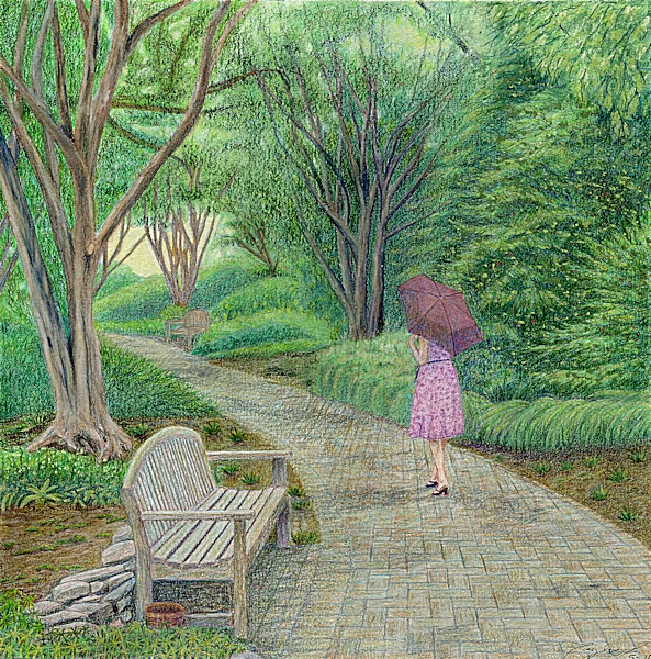 Garden Girl on a Misty Morning Walk